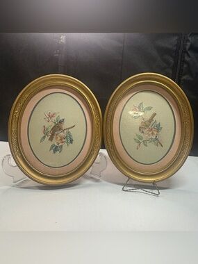 Pair Homco Home Interiors 9x11 Birds Kay Lamb Shannon Matted Gold Oval Frames